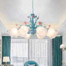 GobekUsa White Glass Chandelier Light - Floral Countryside 8 Bulbs Pendant Lamp for Living Room in Blue
