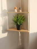 Boho black wooden corner shelf living room macrame wall decor by Decorbites
