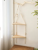 Boho black wooden corner shelf living room macrame wall decor by Decorbites