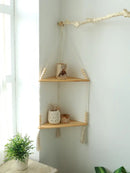 Boho black wooden corner shelf living room macrame wall decor by Decorbites