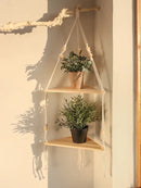Boho black wooden corner shelf living room macrame wall decor by Decorbites