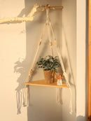 Boho black wooden corner shelf living room macrame wall decor by Decorbites