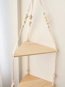 Boho black wooden corner shelf living room macrame wall decor by Decorbites