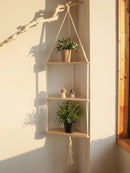 Boho black wooden corner shelf living room macrame wall decor by Decorbites