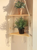 Boho black wooden corner shelf living room macrame wall decor by Decorbites