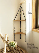 Boho black wooden corner shelf living room macrame wall decor by Decorbites