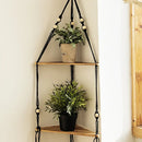 Boho black wooden corner shelf living room macrame wall decor by Decorbites