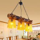 GobekUsa Yellow Trapezoid Island Pendant Light with 3 Bulbs, Bamboo Beam - Perfect for Countryside Dining Rooms