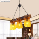 GobekUsa Yellow Trapezoid Island Pendant Light with 3 Bulbs, Bamboo Beam - Perfect for Countryside Dining Rooms