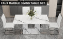 A simple dining table. A dining table with a white marble pattern. 4 PU synthetic leather high backrest cushioned side chairs with C-shaped silver metal legs. DT-SQ-16090-wh
