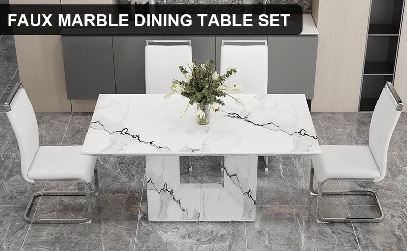 A simple dining table. A dining table with a white marble pattern. 4 PU synthetic leather high backrest cushioned side chairs with C-shaped silver metal legs. DT-SQ-16090-wh