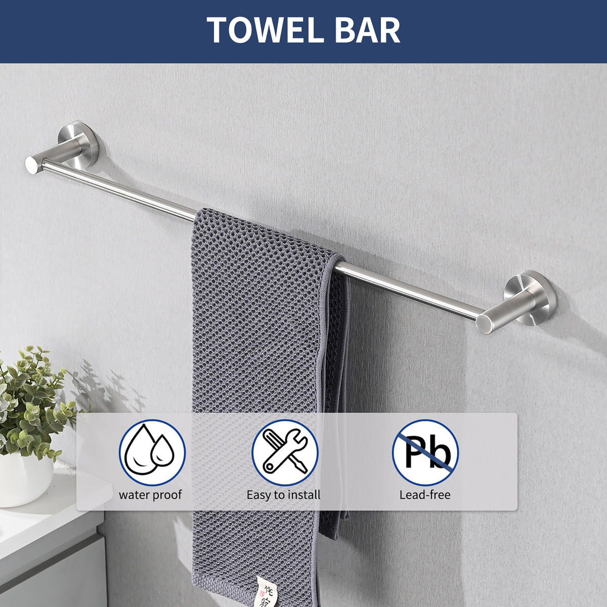 Bathroom Set 4 Pack With Towel Bar Racks, Toilet Paper Holder, Ring, Hook, Stainless Steel - Brushed Nickel, photo 7 of 8