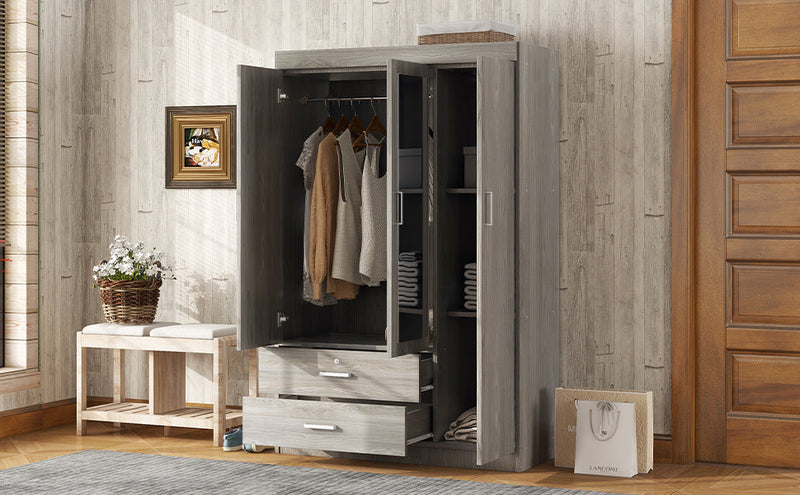 3-Door Mirror Wardrobe with shelves, Gray
