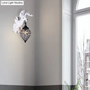 GobekUsa Deer Head Wall Lamp: Countryside Resin Sconce with Lantern Crystal Shade in White/Brown