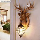 GobekUsa Deer Head Wall Lamp: Countryside Resin Sconce with Lantern Crystal Shade in White/Brown