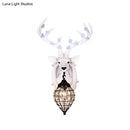 GobekUsa Deer Head Wall Lamp: Countryside Resin Sconce with Lantern Crystal Shade in White/Brown