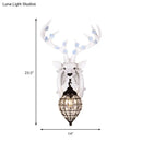 GobekUsa Deer Head Wall Lamp: Countryside Resin Sconce with Lantern Crystal Shade in White/Brown