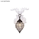 GobekUsa Deer Head Wall Lamp: Countryside Resin Sconce with Lantern Crystal Shade in White/Brown