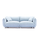 A lovable, fat, bread-like sofa with 2 pillows and metal feet with anti-skid pads