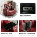 270 Degree Swivel PU Leather Power Recliner Individual Seat Home Theater Recliner with Comforable Backrest, Tray Table, Phone Holder, Cup Holder, USB Port, Hidden Arm Storage for Living Room, Red