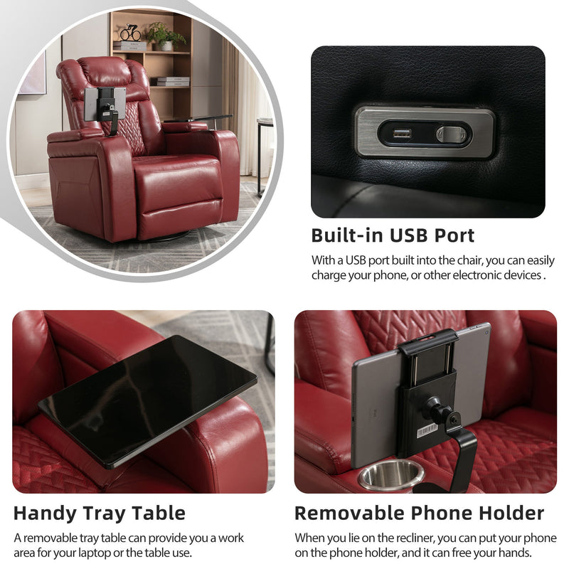 270 Degree Swivel PU Leather Power Recliner Individual Seat Home Theater Recliner with Comforable Backrest, Tray Table, Phone Holder, Cup Holder, USB Port, Hidden Arm Storage for Living Room, Red