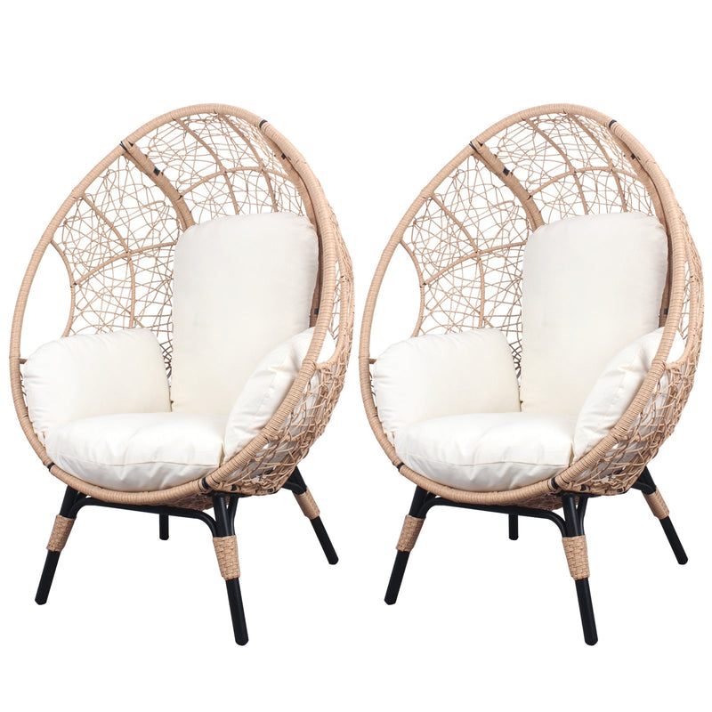 2 Pieces Patio PE Wicker Egg Chairs Model 3 with Natural Color Rattan Beige Cushion