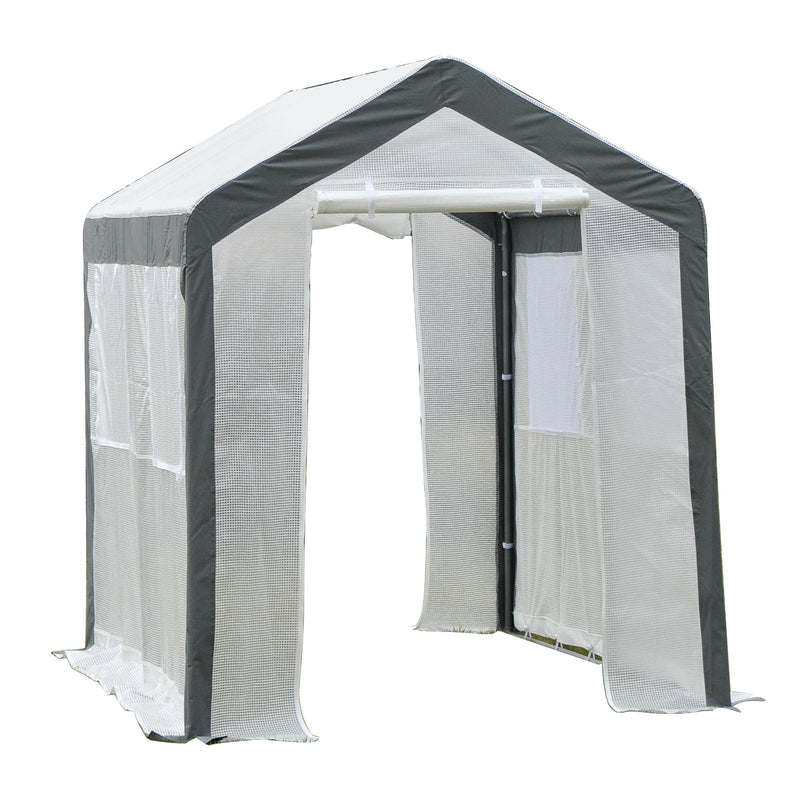 8' x 6' x 7' Walk-In Greenhouse, Outdoor Garden Warm Hot House with 4 Roll-up Windows, 2 Zippered Doors and Weather Cover, White