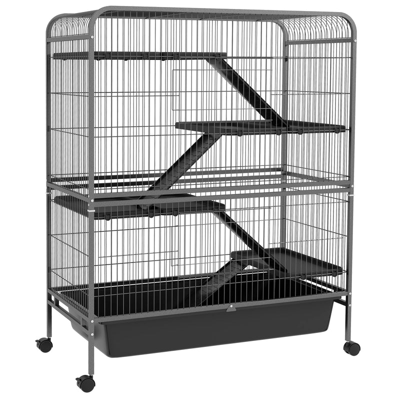 53.5" Small Animal Cage, 5-Level Metal Ferret or Bunny Cage with Wheels, Chinchilla Cage with Removable Tray, 2 Front Doors, Ramps, Gray