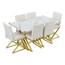 7-Piece Modern Dining Table Set, Rectangular Marble Texture Kitchen Table and 6 PU leather Chairs with X-Shaped Gold Steel Pipe Legs for Dining Room (White)