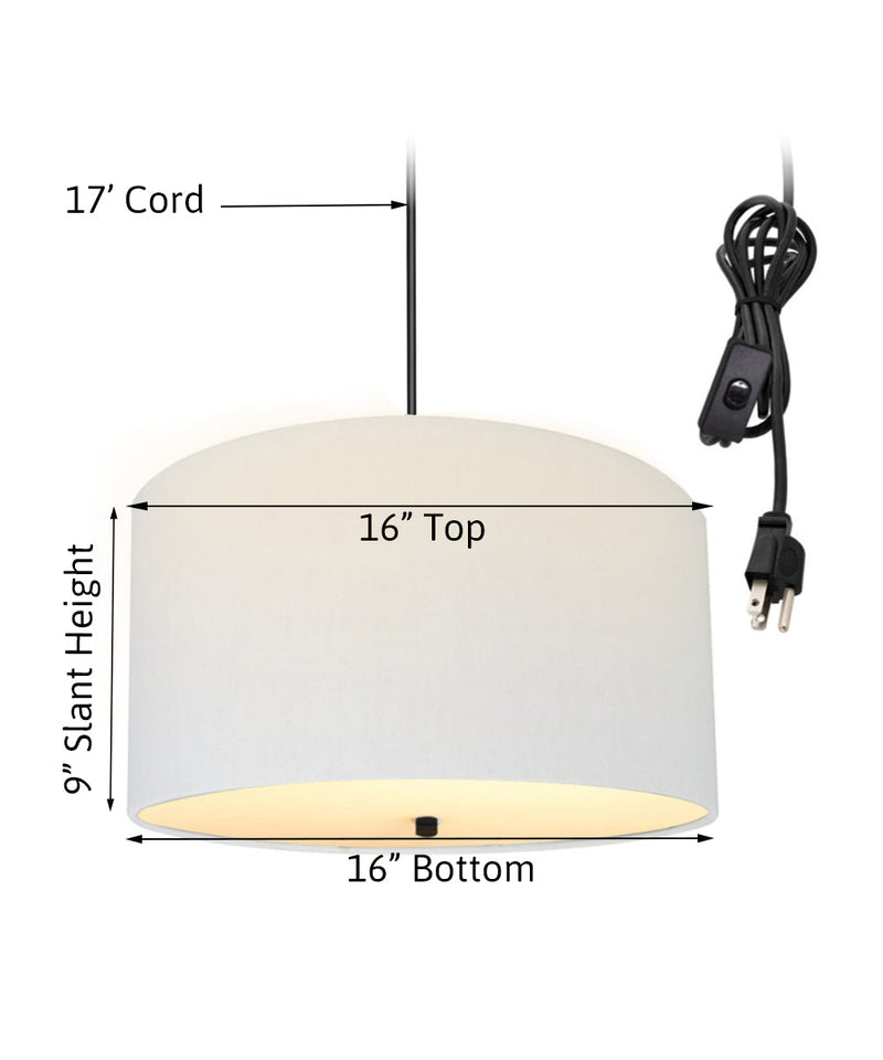 16"W 2 Light Swag Plug-In Pendant  White Linen Drum with Diffuser Black Cord