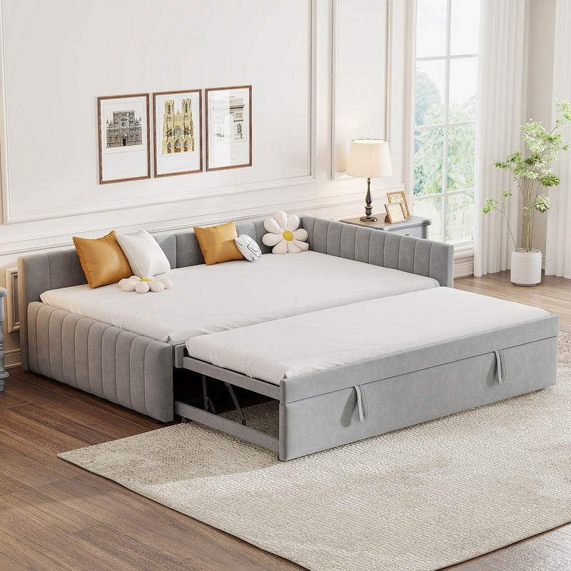 Full Size Upholstered L-Shaped Upholstered Daybed with Twin
Size Pop Up Trundle, Gray