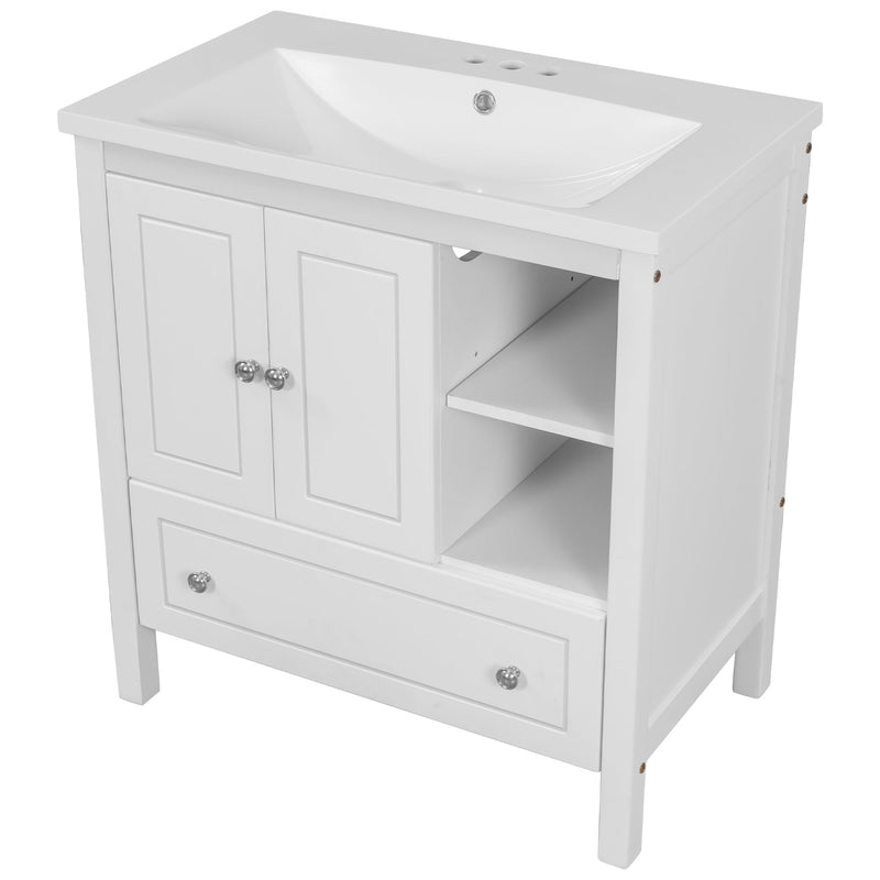 30" Bathroom Vanity with Sink, Bathroom Storage Cabinet with Doors and Drawers, Solid Wood Frame, Ceramic Sink, White