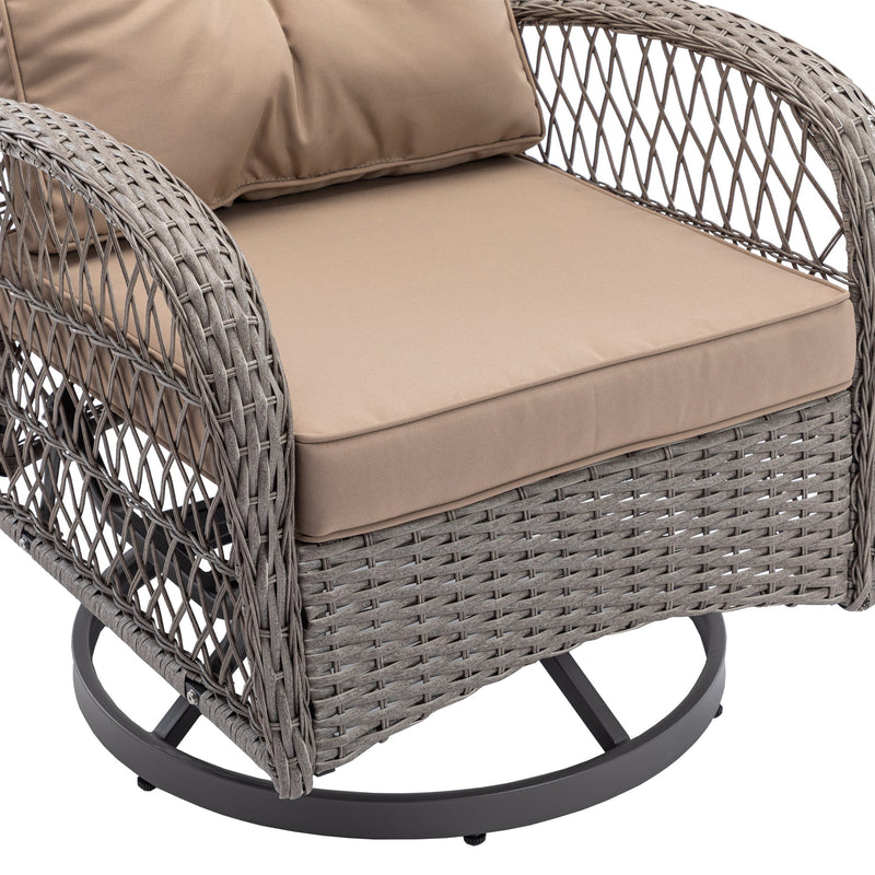 3 Pieces Outdoor Swivel Rocker Patio Chairs, 360 Degree Rocking Patio Conversation Set with Thickened Cushions and Glass Coffee Table for Backyard, Khaki
