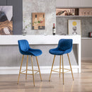 26 Inch Set of 2 Bar Stools, with Steel Frame Footrest Velvet Fabric Golden Leg Simple Bar Stool, BLUE