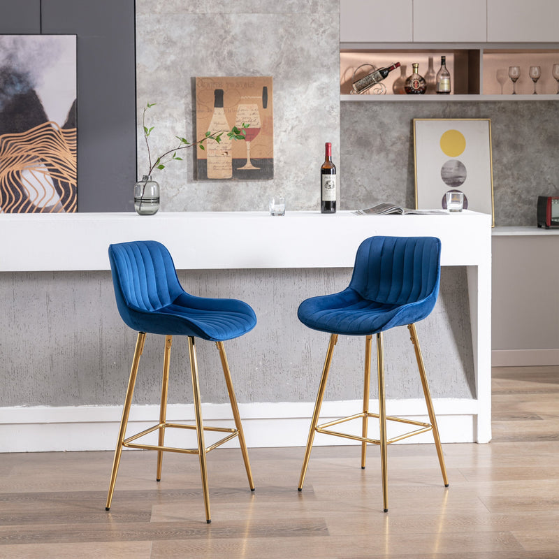26 Inch Set of 2 Bar Stools, with Steel Frame Footrest Velvet Fabric Golden Leg Simple Bar Stool, BLUE