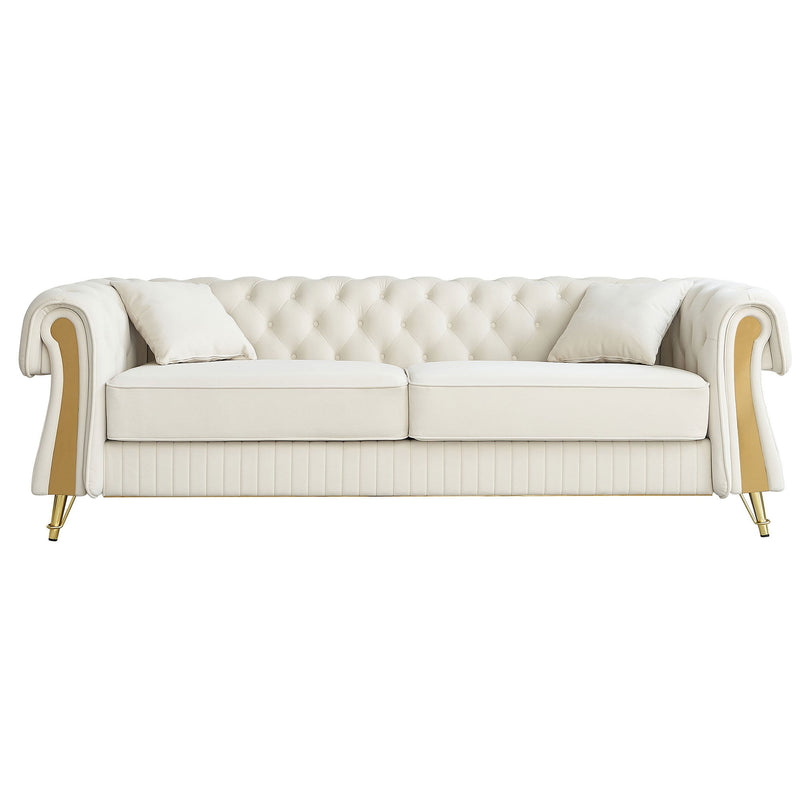 89''W Chesterfield Modern Tufted Velvet Living Room Sofa with Two Seat Cushions and Two Toss Pillows,Beige