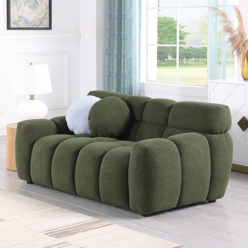 64.96 length, 35.83" deepth, human body structure for USA people, marshmallow sofa,boucle sofa, 2 seater, olive green BOUCLE