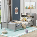 Wood Platform Bed With Built In LED Light, Storage Headboard And Guardrail