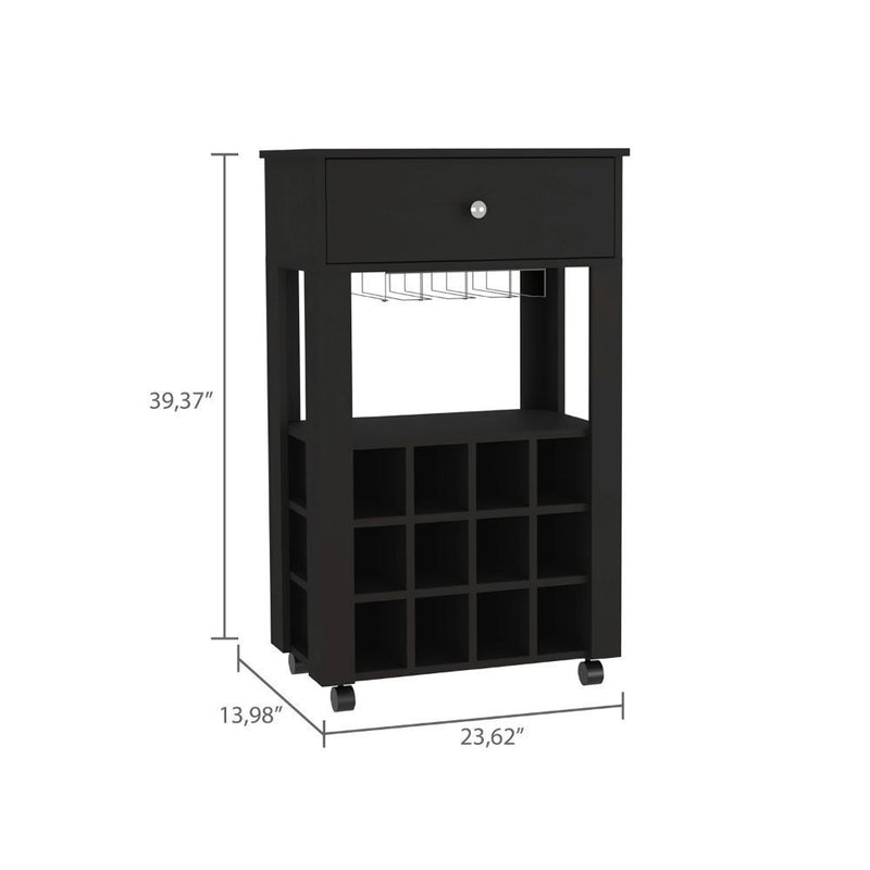 39" H black bar- coffee cart, Kitchen or living room cabinet storage, with 12 bottle racks, a central shelf with 1 Cup holders, 1 drawer ideal for storing small things