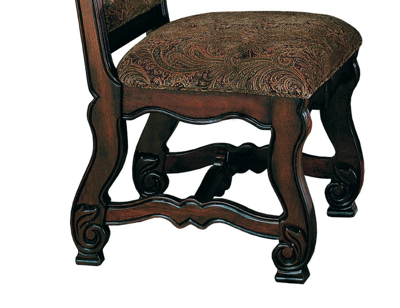 2pc Formal Traditional Dining Side Chair with Upholstered Padded Seat and Back Dining Room Solid Wood Furniture Luscious Brown Finish and Intricate Carved Detail