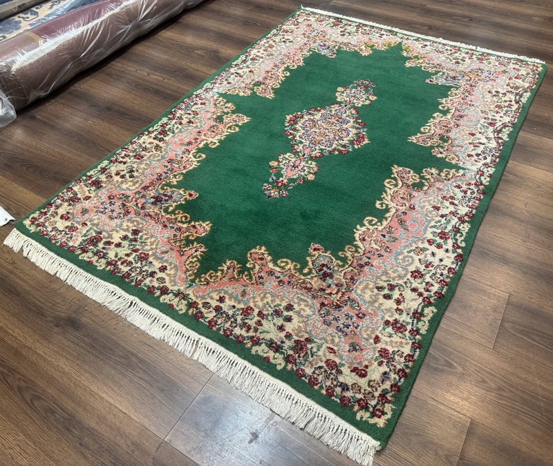 Green Persian Kerman Rug 4x6, Semi Open Field, Green & Cream, Vintage