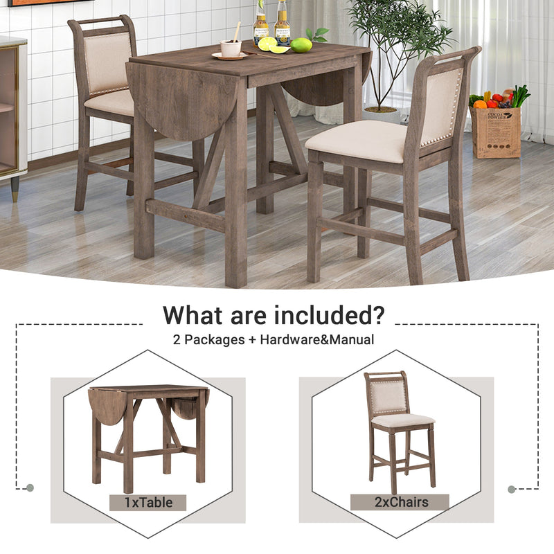 3-Piece Wood Counter Height Drop Leaf Dining Table Set with 2 Upholstered Dining Chairs for Small Place, Brown