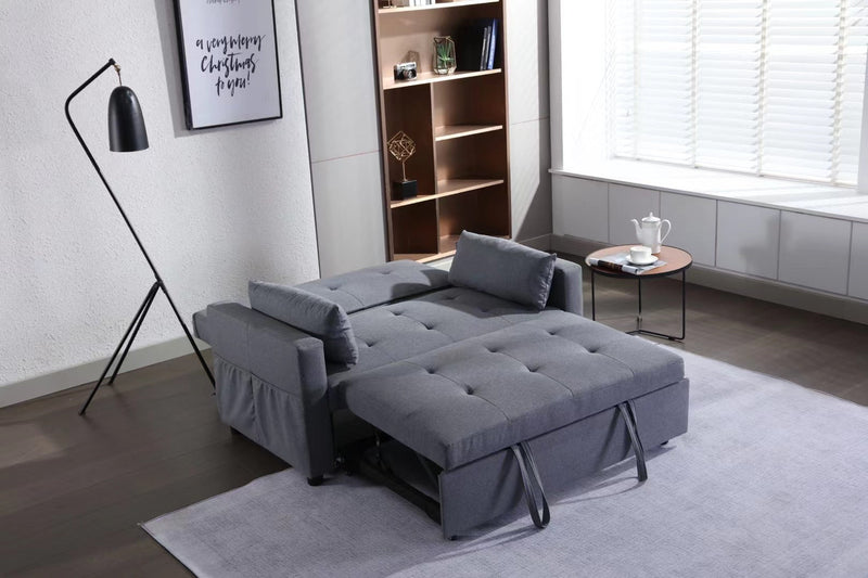 2 Seaters Slepper Sofa Bed.Dark Grey Linen Fabric 3-in-1 Convertible Sleeper Loveseat with Side Pocket.
