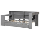 Platform Bed With Upholstered Headboard, Storage Shelves, Drawers, Charging Station, LED Lighting, Built In Desk