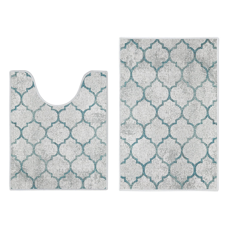 Geometric Design 2 Piece Bathroom Rugs Set | Gray&Teal