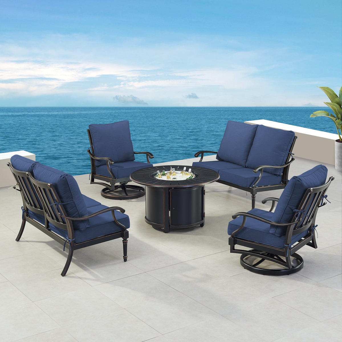 Black Aluminum Fire Table Set with Two Loveseats and Two Club Chairs, photo 2 of 11