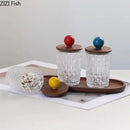 Diamond pattern glass jewelry jar with walnut lid bedroom storage by Decorbites