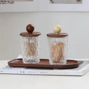Diamond pattern glass jewelry jar with walnut lid bedroom storage by Decorbites