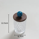 Diamond pattern glass jewelry jar with walnut lid bedroom storage by Decorbites
