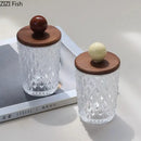 Diamond pattern glass jewelry jar with walnut lid bedroom storage by Decorbites